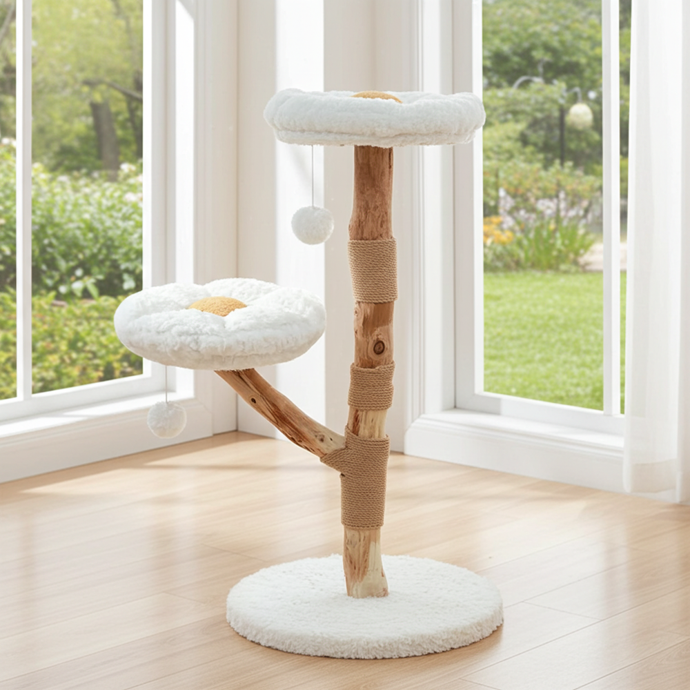 Wooden cat tree with two flower perches beside a window