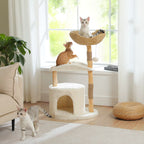 EcoPawPaw Natural Wood Cat Tree with Deep Wicker Basket