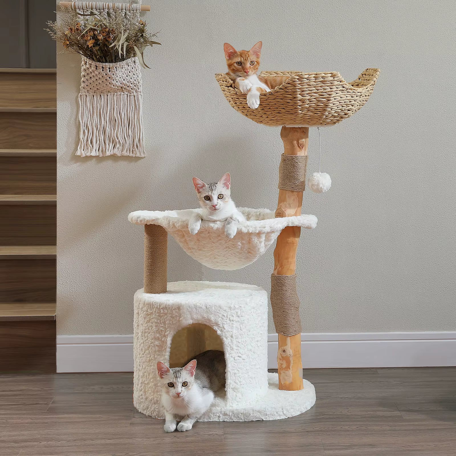 Three cats resting in the woven basket, hammock and condo of a wooden cat tree