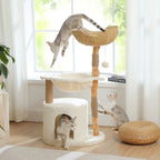 Modern Wooden Cat Tree with Woven Basket & Condo