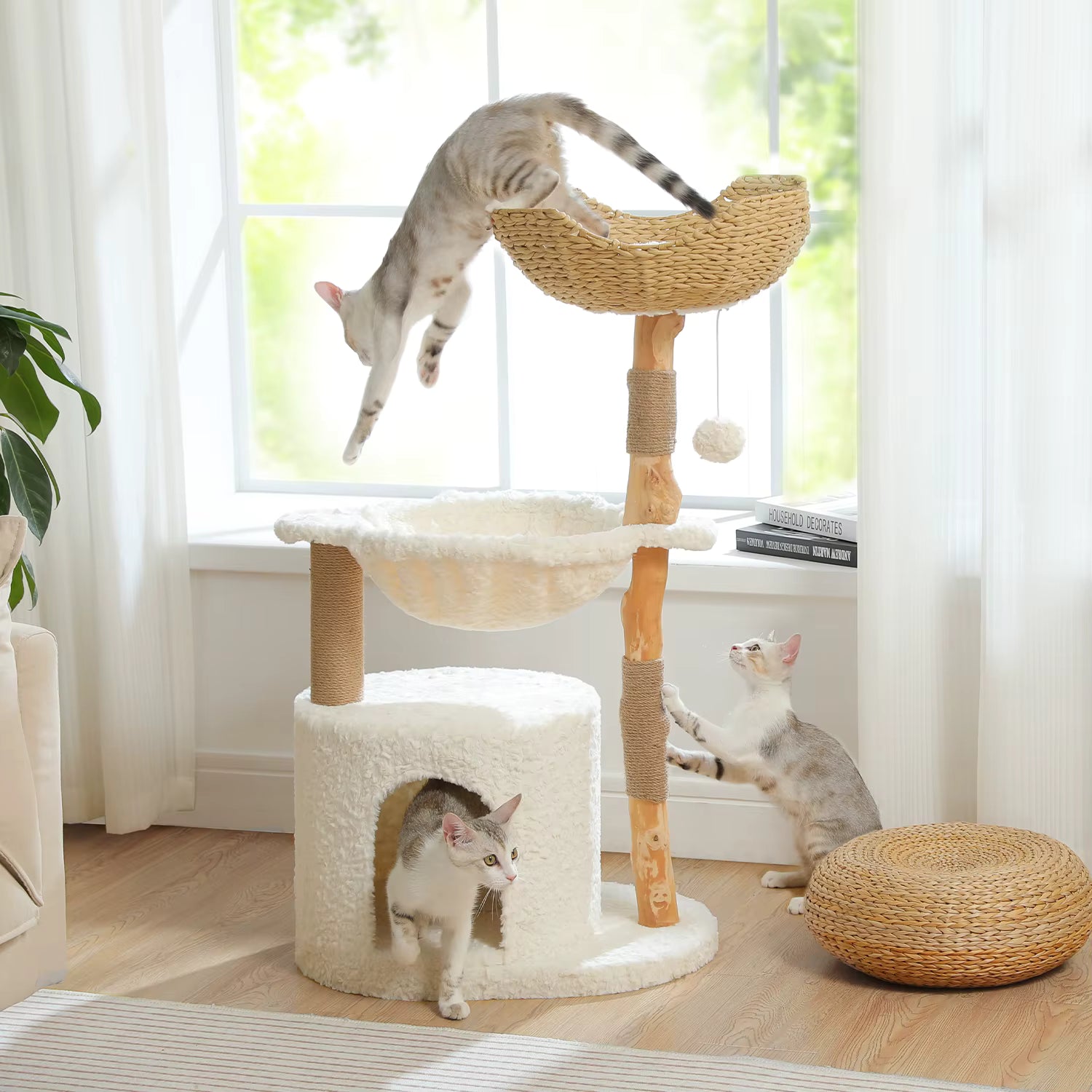 Modern Wooden Cat Tree with Woven Basket & Condo