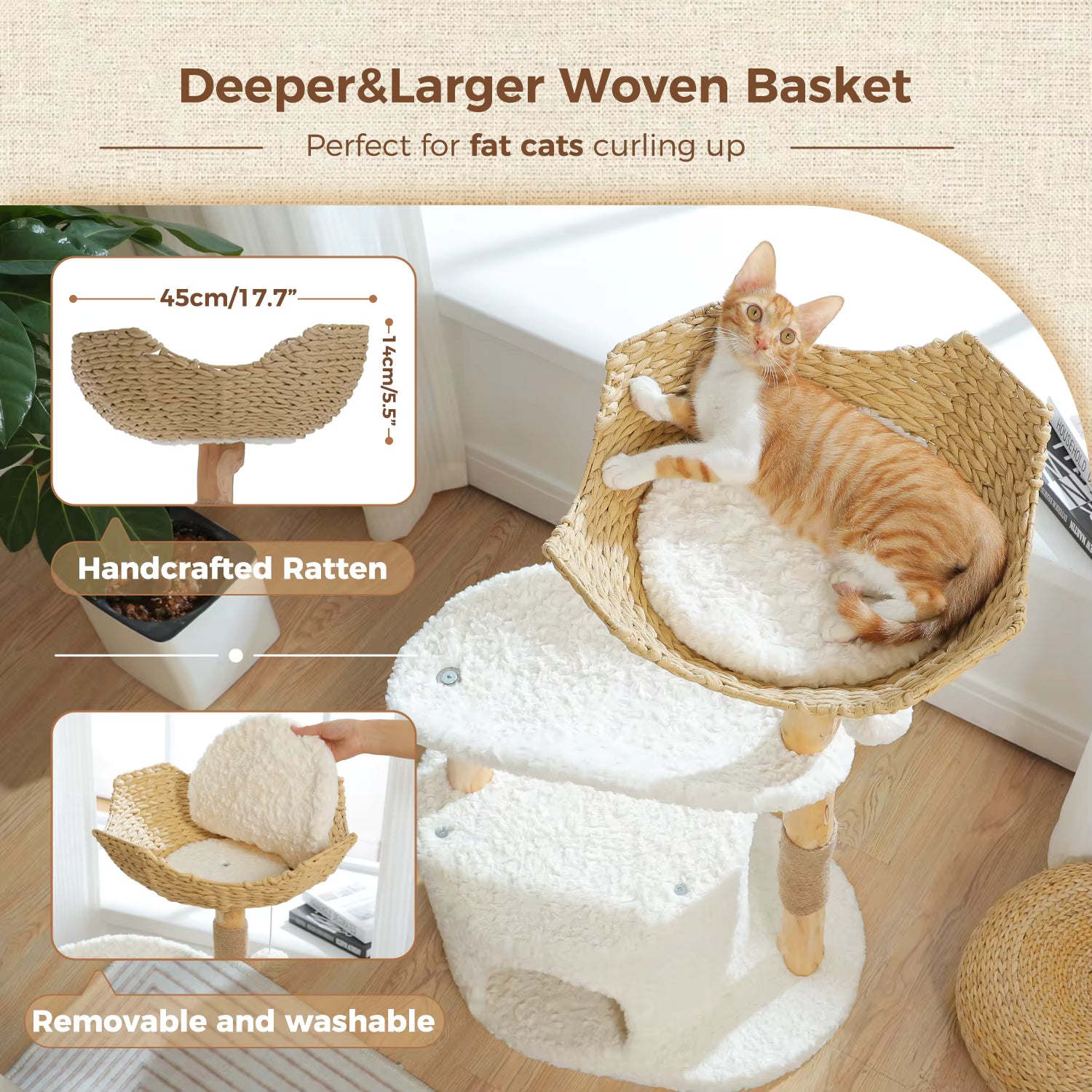 Natural Wood Cat Tree with Deep Wicker Basket