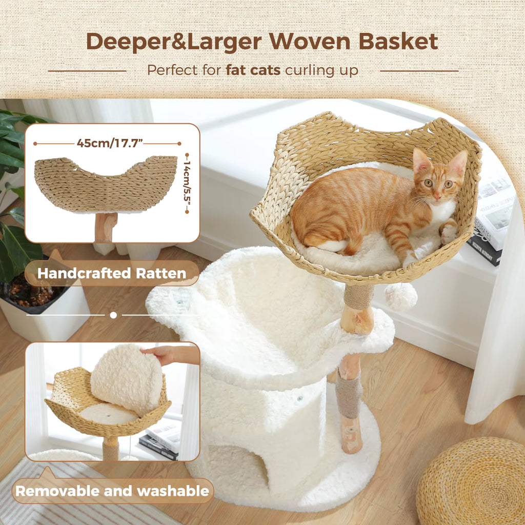 Modern Wooden Cat Tree with Woven Basket & Condo