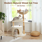 EcoPawPaw Natural Wood Cat Tree with Deep Wicker Basket