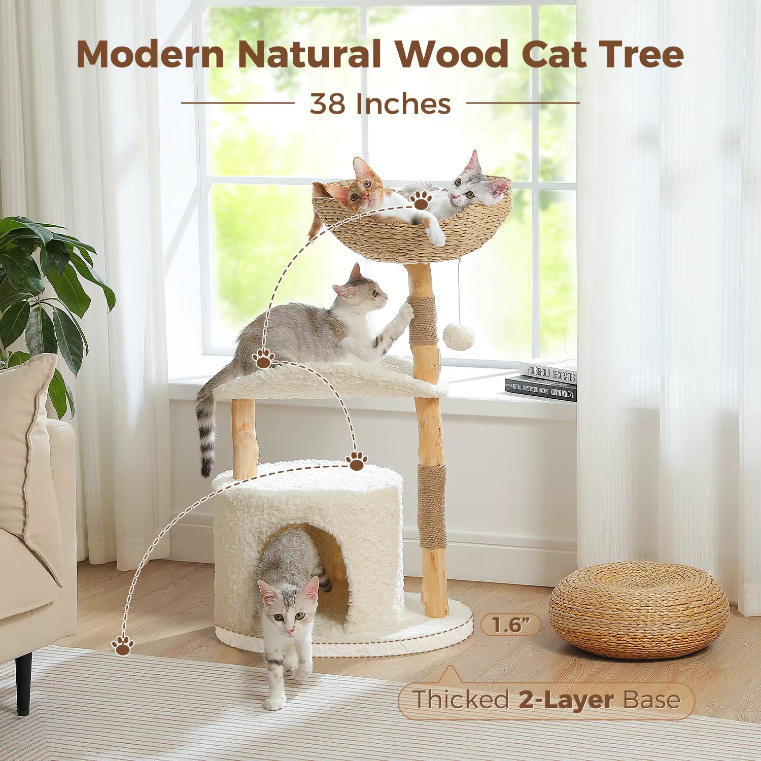 Natural Wood Cat Tree with Deep Wicker Basket