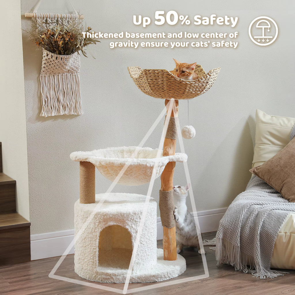 Modern Wooden Cat Tree with Woven Basket & Condo