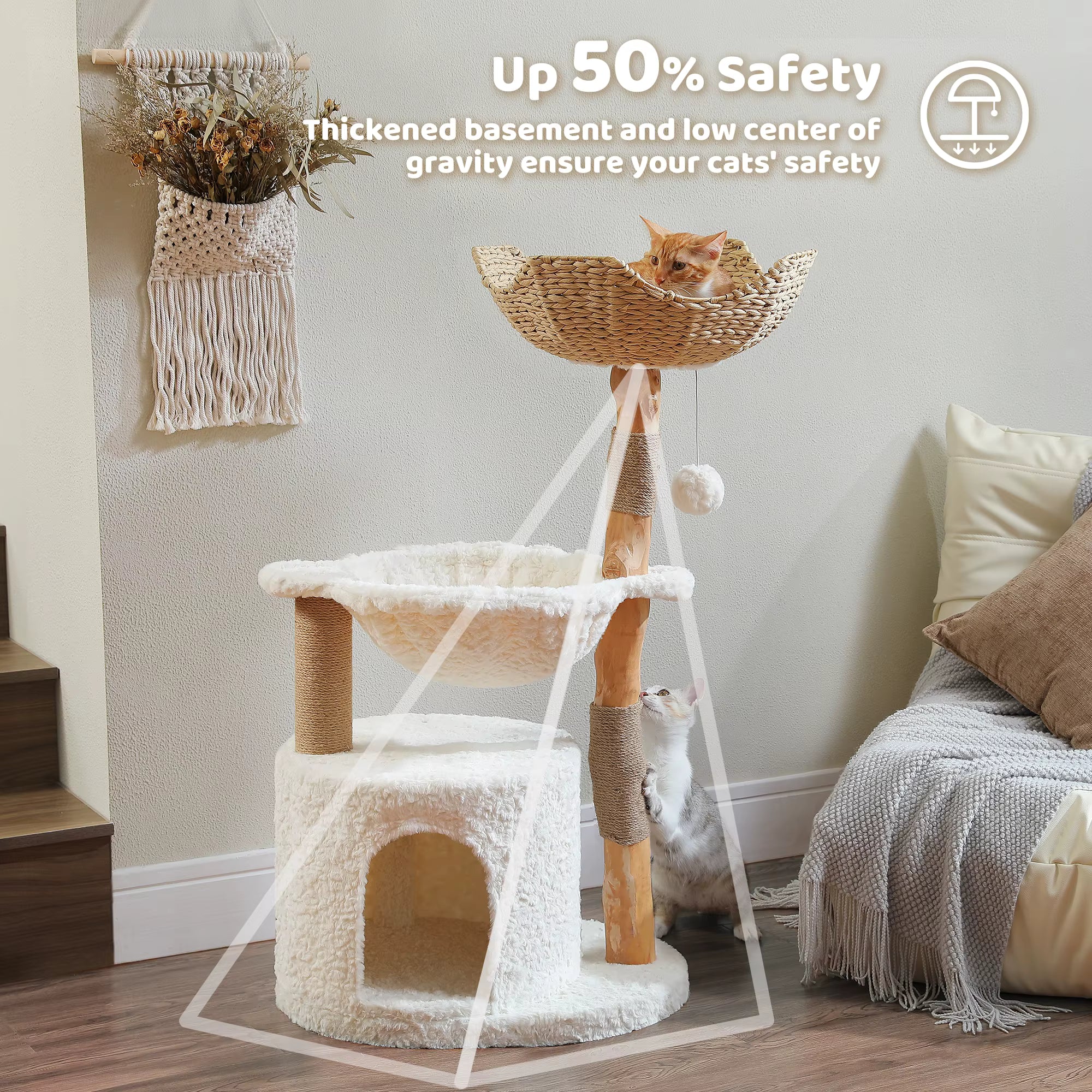 Modern Wooden Cat Tree with Woven Basket & Condo