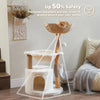 Illustration of a wooden cat tree's wide base and low center of gravity