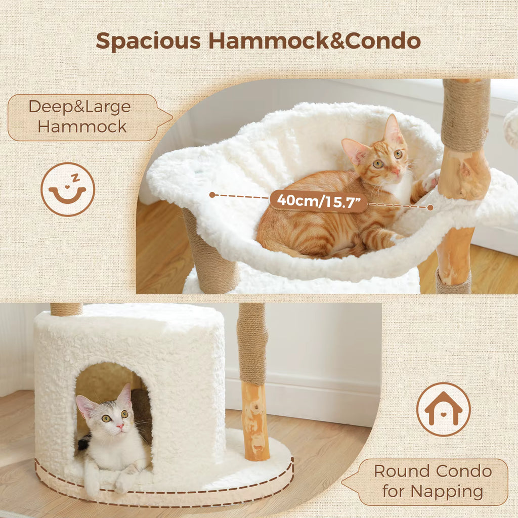 Modern Wooden Cat Tree with Woven Basket & Condo