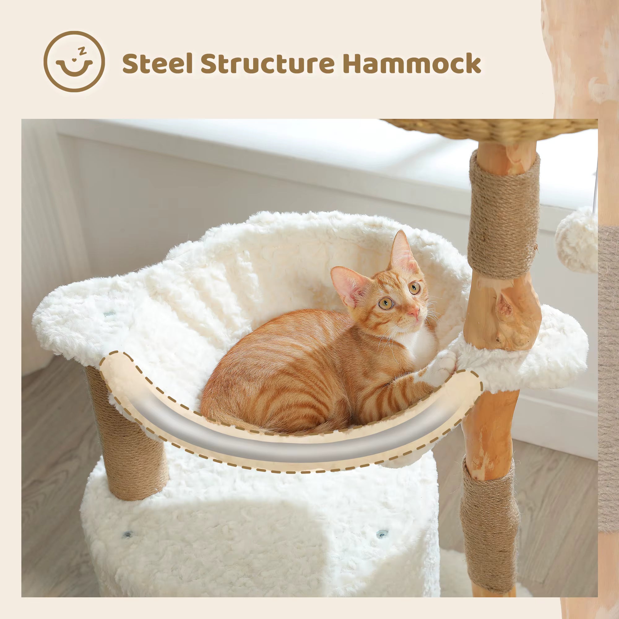 Modern Wooden Cat Tree with Woven Basket & Condo