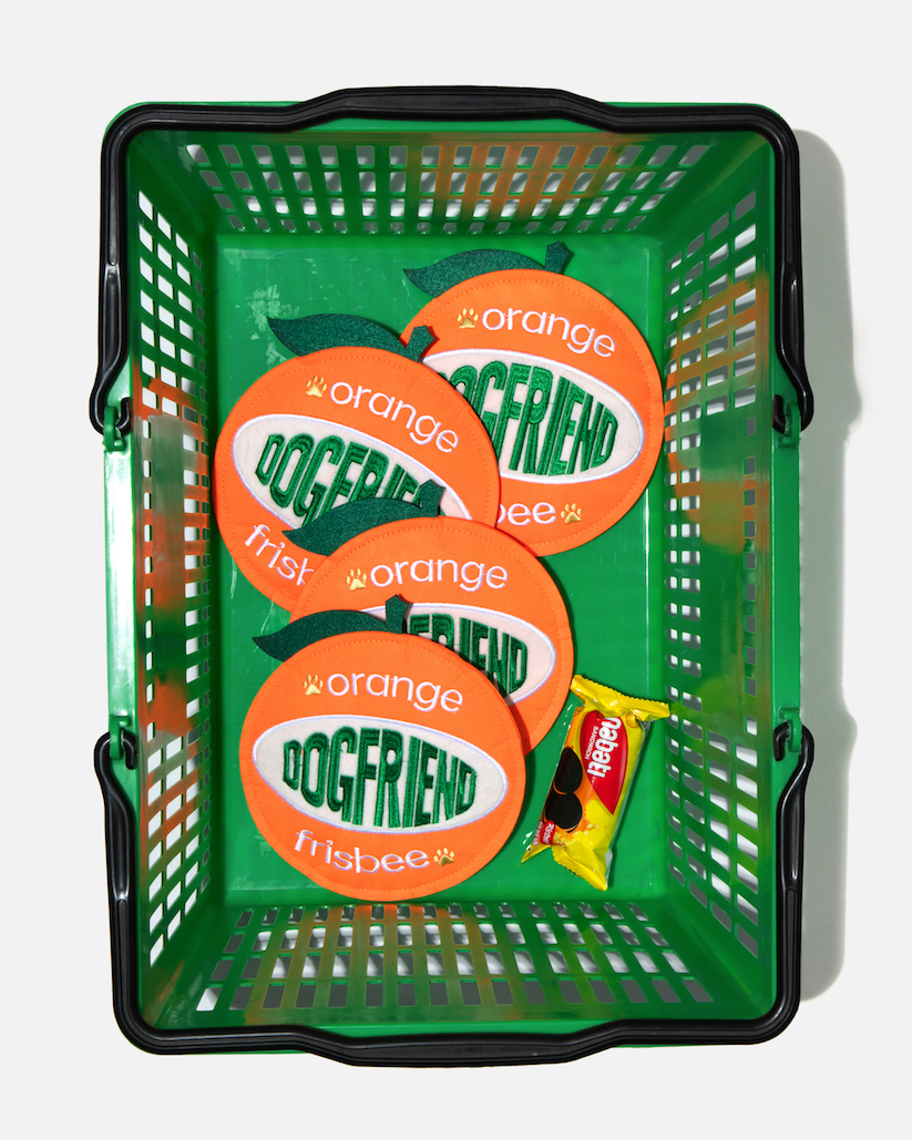 Orange dog flying discs in a green basket