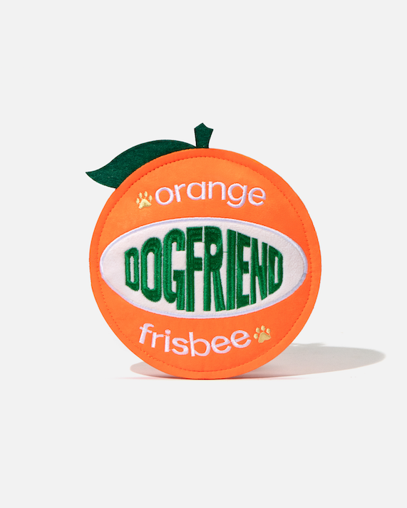 Front view of an orange-shaped dog flying disc