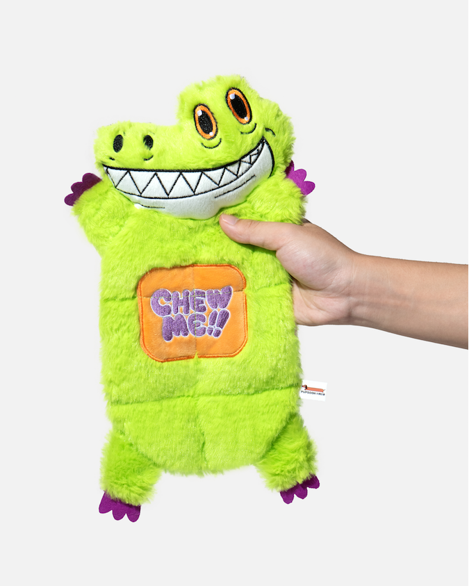 Hand holding a green crocodile plush dog toy