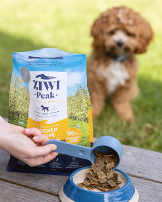 Person serving ZIWI Peak chicken recipe dog food into a bowl