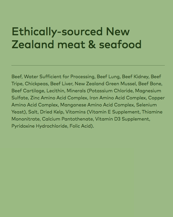 Beef recipe ingredient list including beef, organs and green mussel