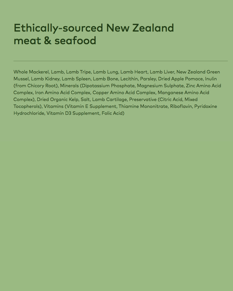 Mackerel and lamb recipe ingredient list including whole mackerel, lamb, organs and green mussel