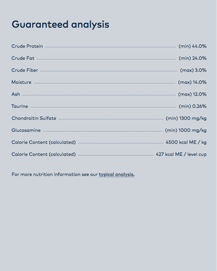 Guaranteed analysis: 44% minimum protein, 24% minimum fat and 4500 kcal per kg