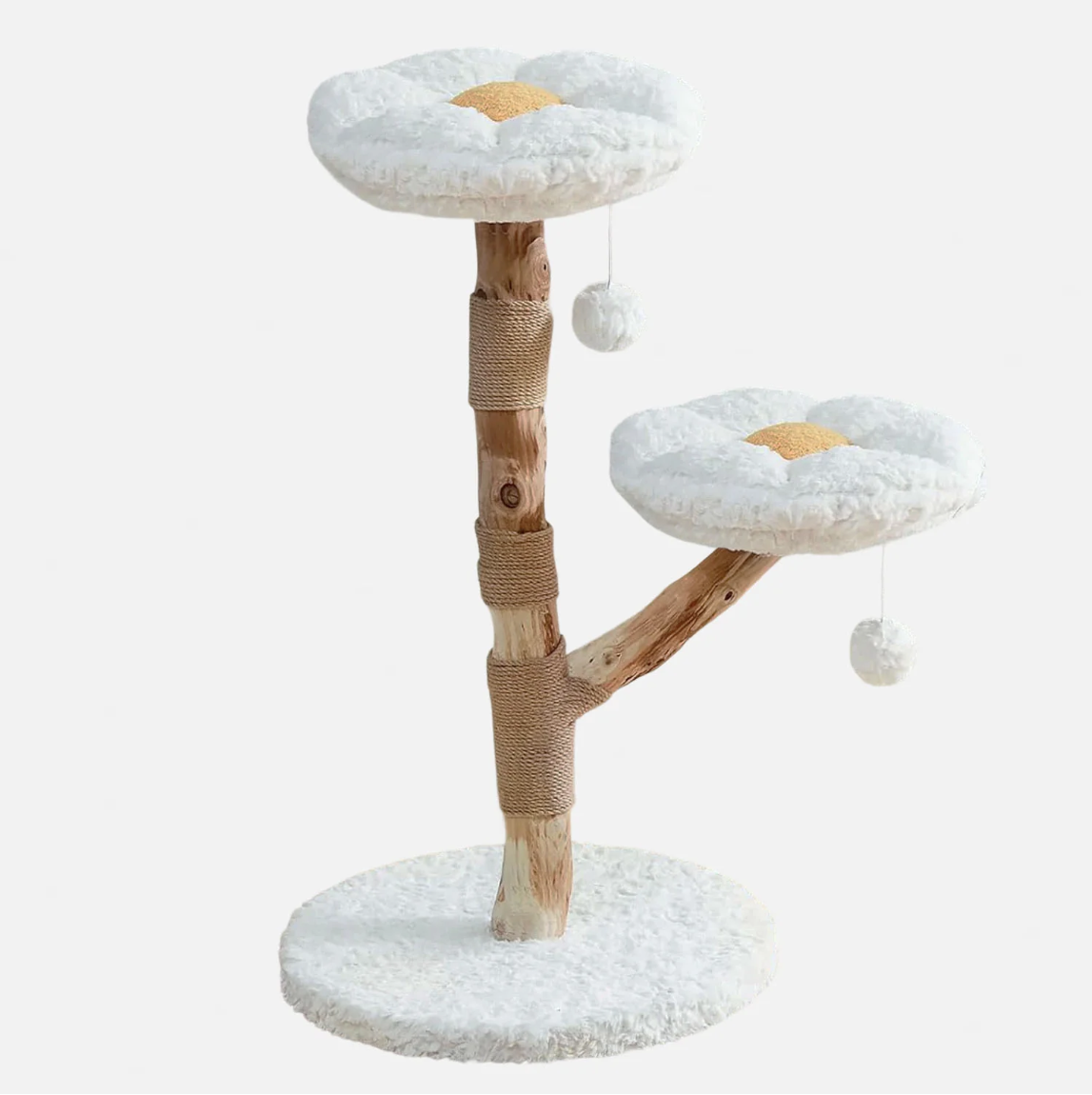 Wooden cat tree with two white flower-shaped perches and hanging toys