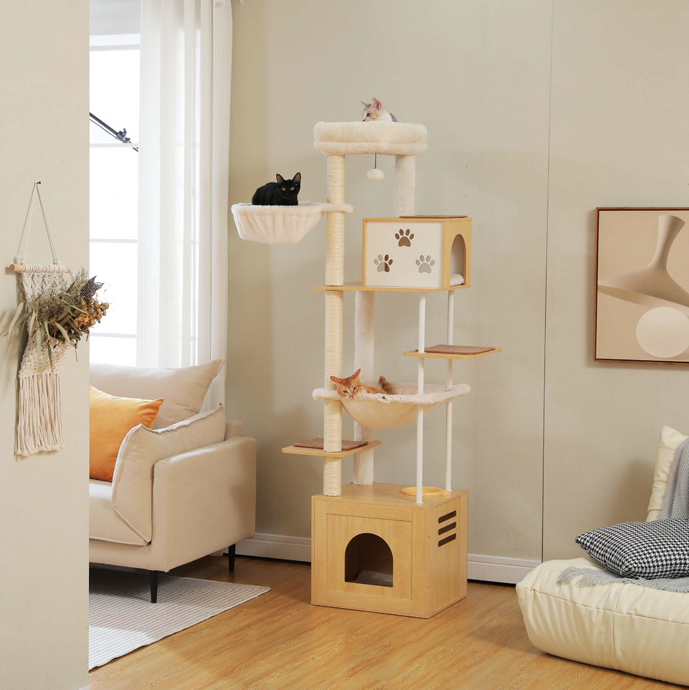 Cats on a tall wooden cat tree in a living room