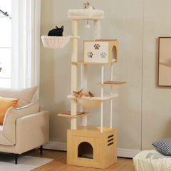 Cats resting on a tall cat tree with wooden base in a living room