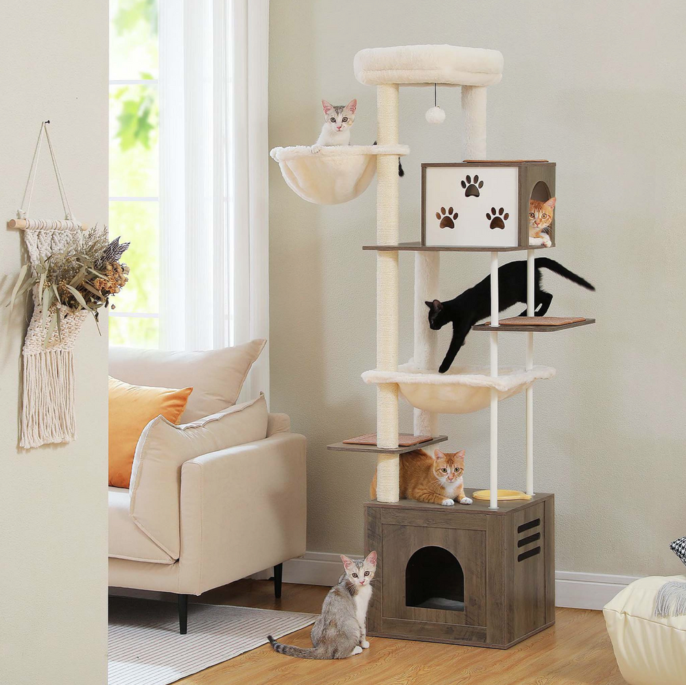 Cats climbing and resting on a grey wooden cat tree