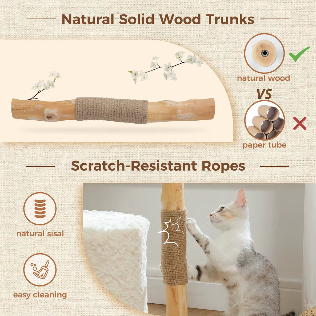 Modern Wooden Cat Tree with Woven Basket & Condo