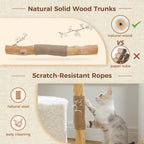 Modern Wooden Cat Tree with Woven Basket & Condo