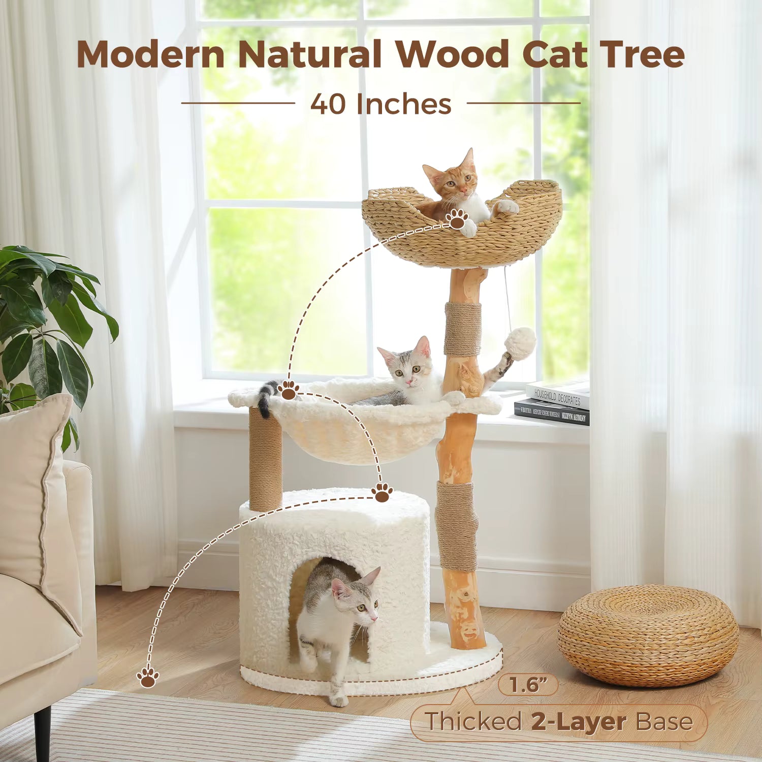 Illustration of cats using a 40-inch wooden cat tree with a two-layer base