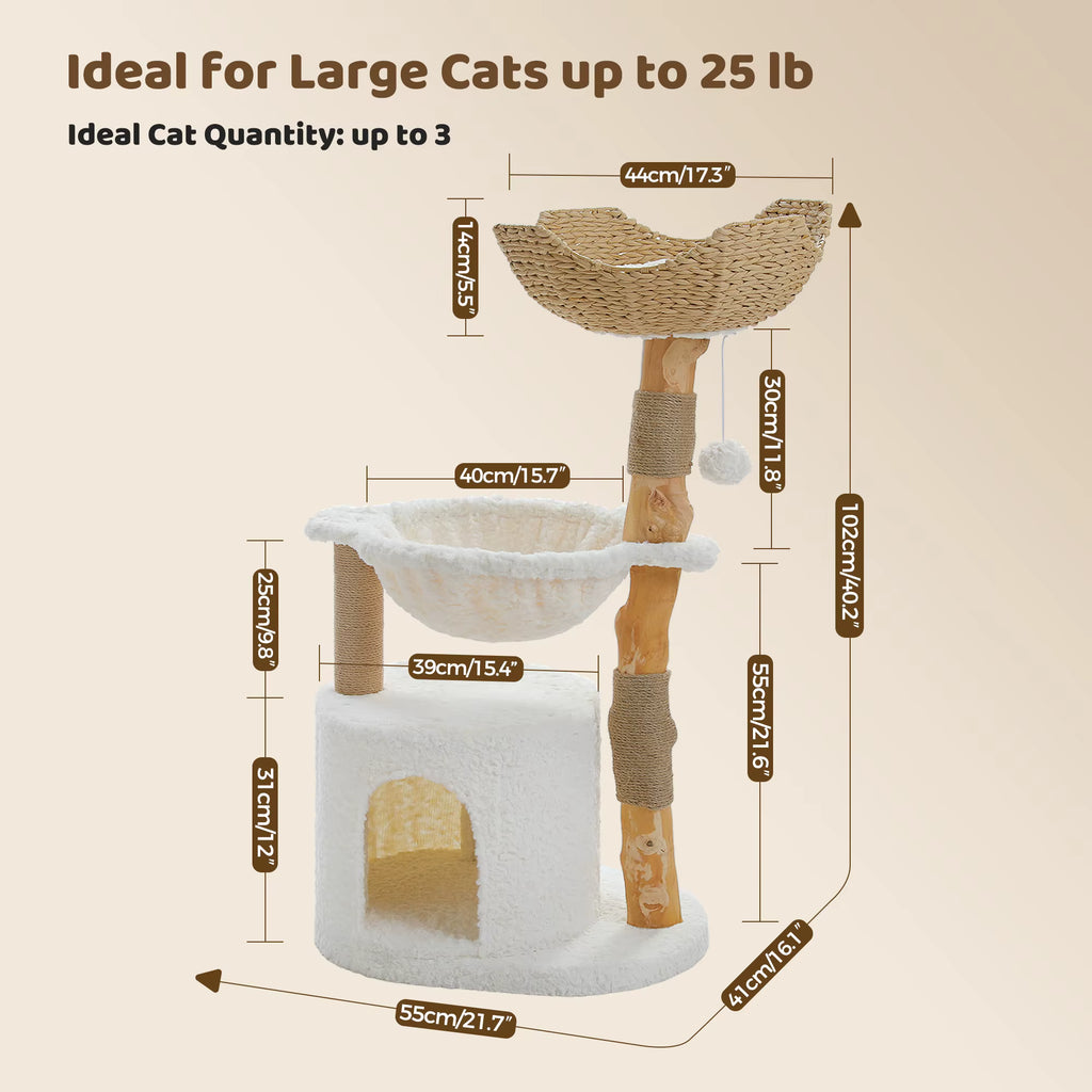 Modern Wooden Cat Tree with Woven Basket & Condo