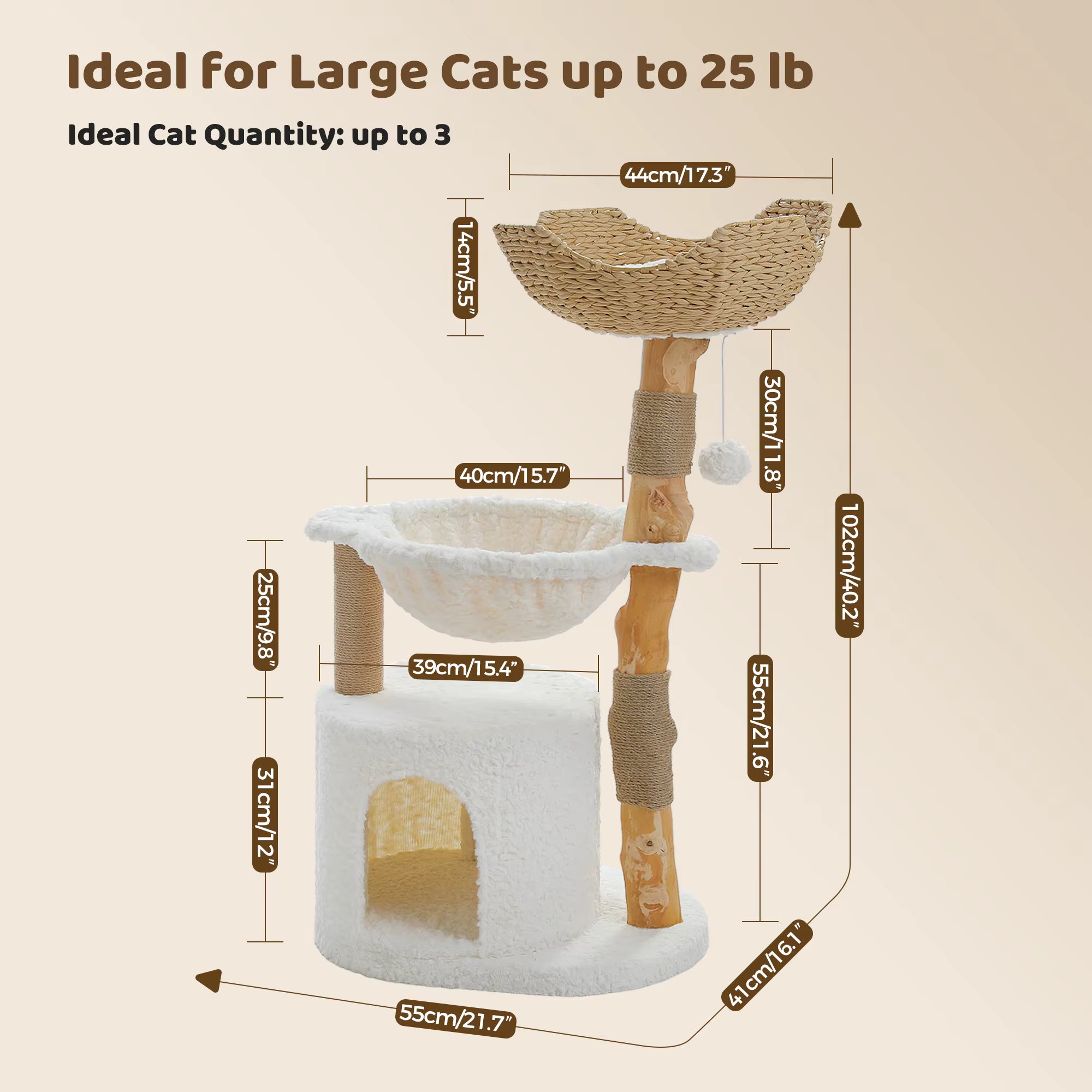 Modern Wooden Cat Tree with Woven Basket & Condo