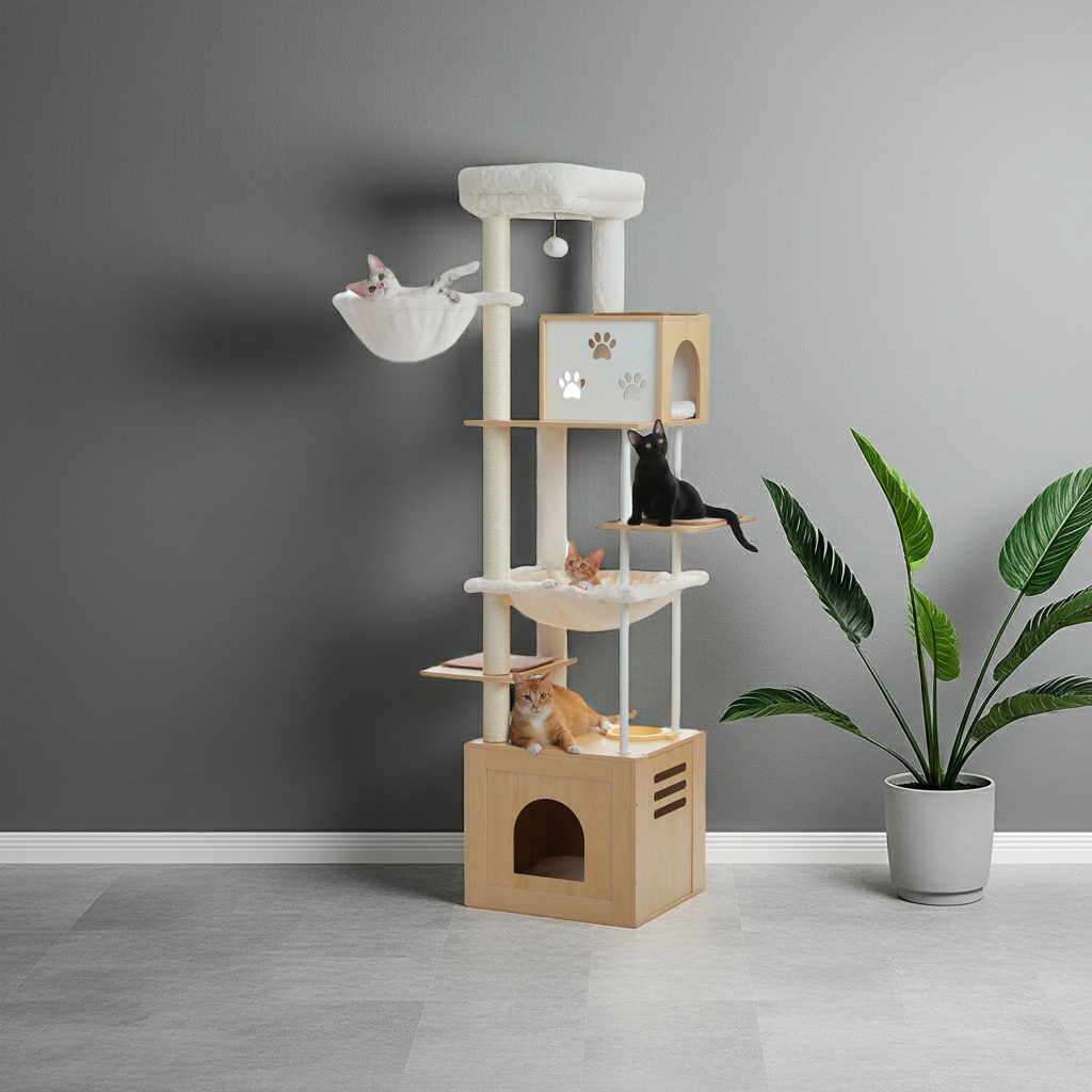 190cm Large Wooden Cat Tree with Food Station