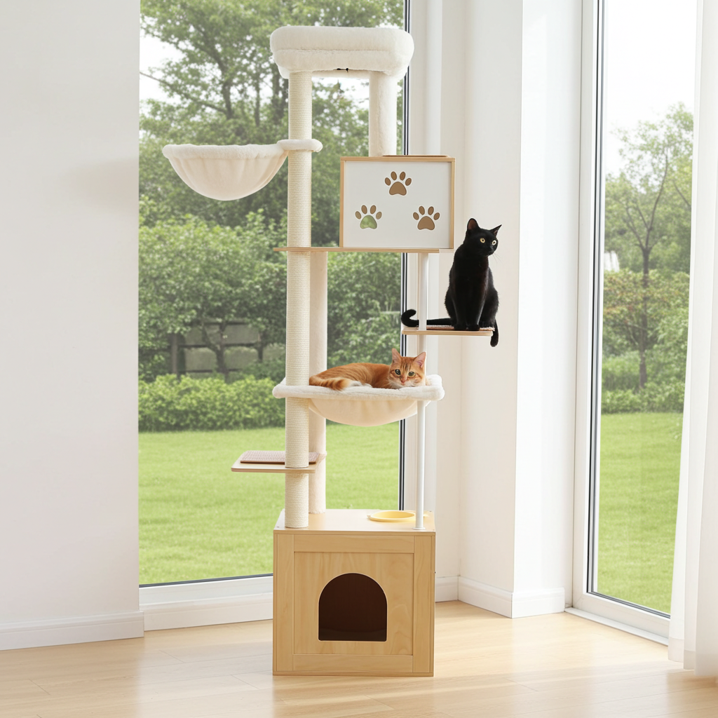 190cm Large Wooden Cat Tree with Food Station