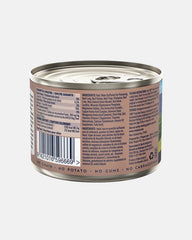 Back of ZIWI Peak beef recipe 170 g dog food can showing ingredients and feeding instructions