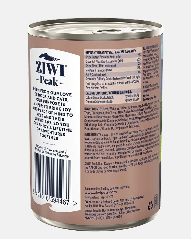 Back of ZIWI Peak beef recipe 390 g dog food can showing ingredients and analysis