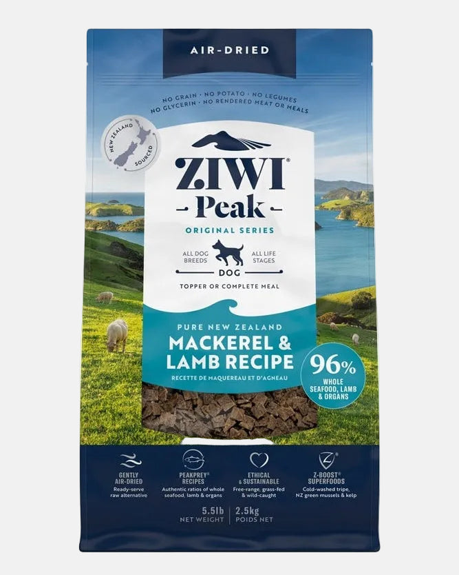 Front of ZIWI Peak mackerel and lamb dog food, 2.5 kg bag
