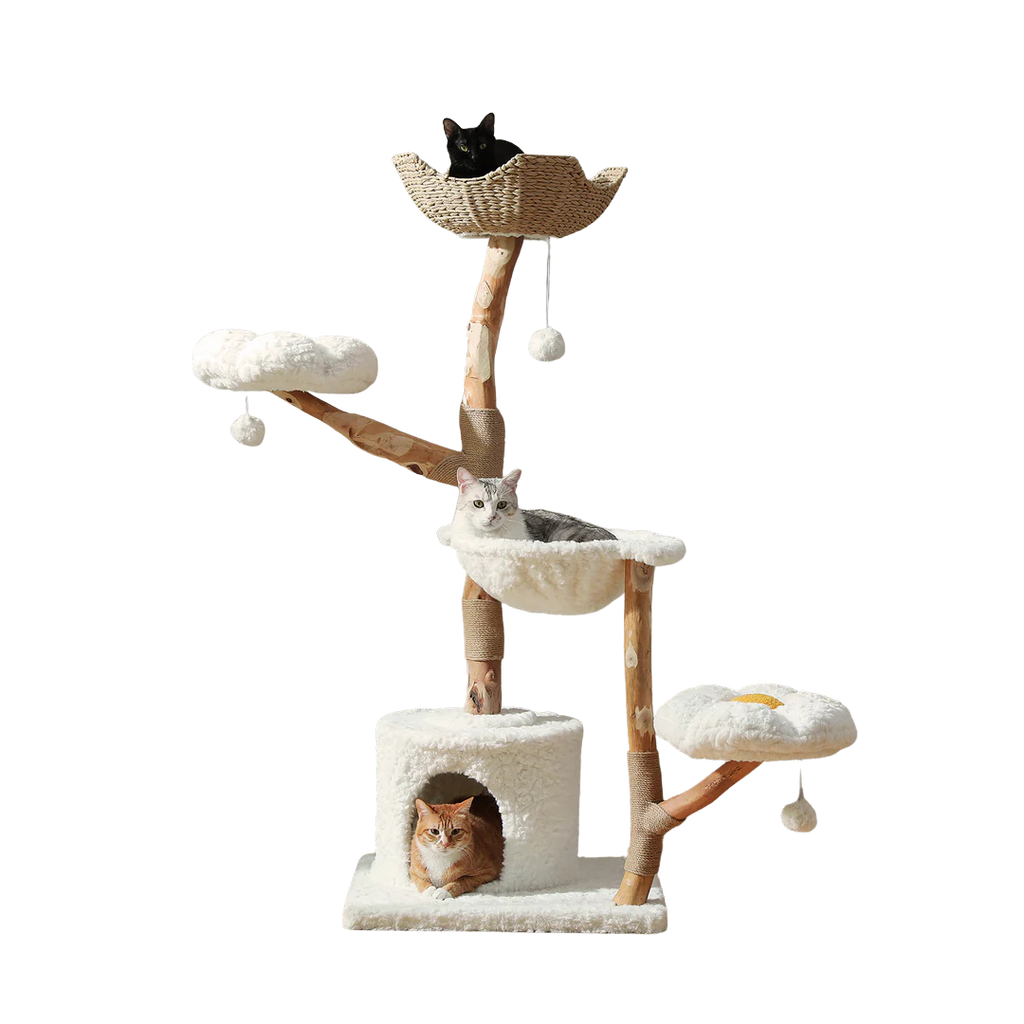 Natural Solid Wood Cat Tree with Flower Perches