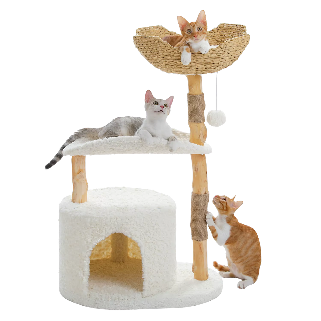EcoPawPaw Natural Wood Cat Tree with Deep Wicker Basket