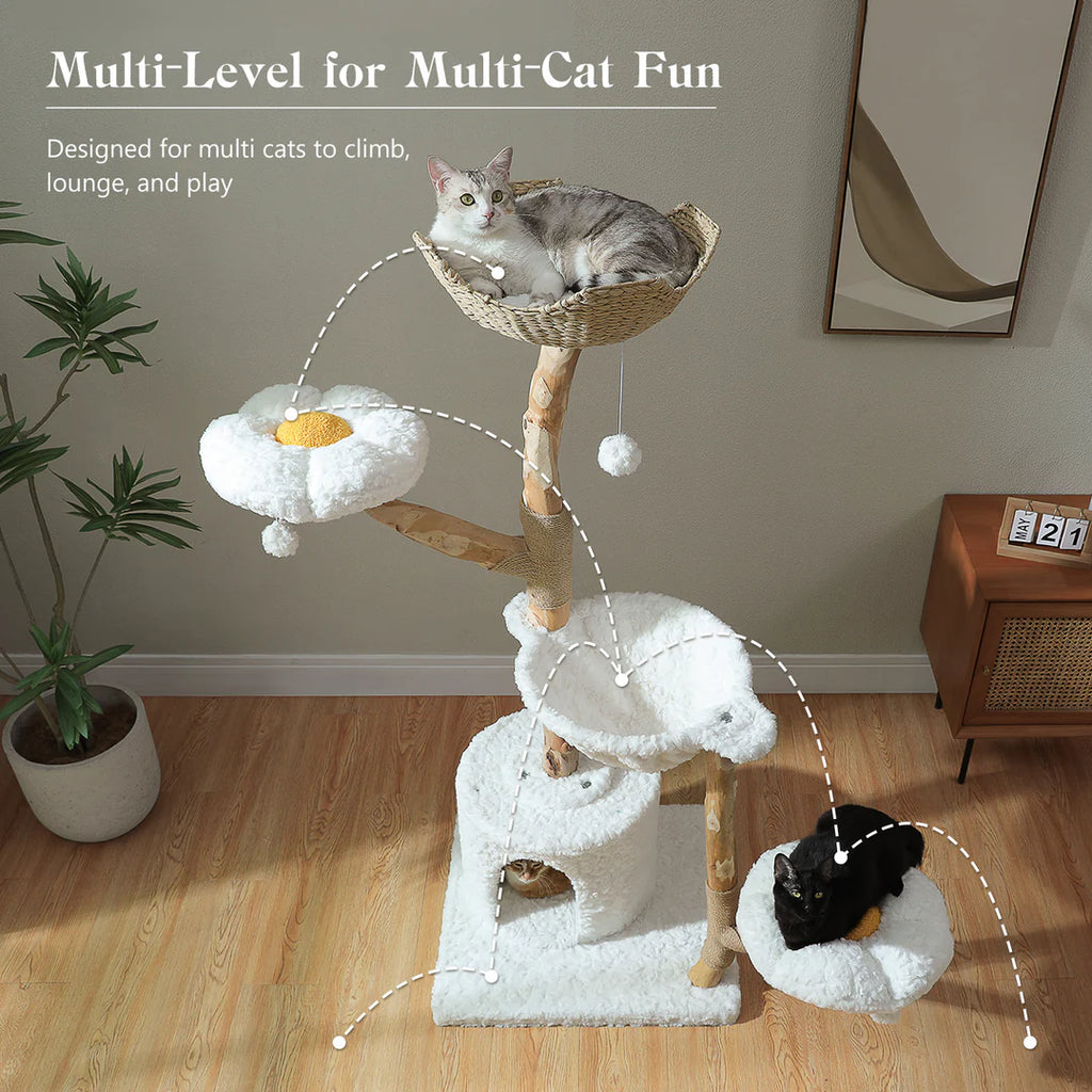 Natural Solid Wood Cat Tree with Flower Perches