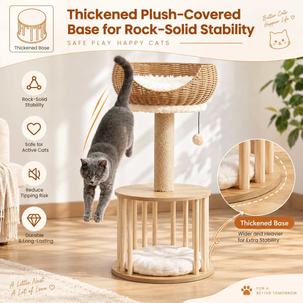 EcoPawPaw Natural Wood Cat Tree with Rattan Nest – 76 cm