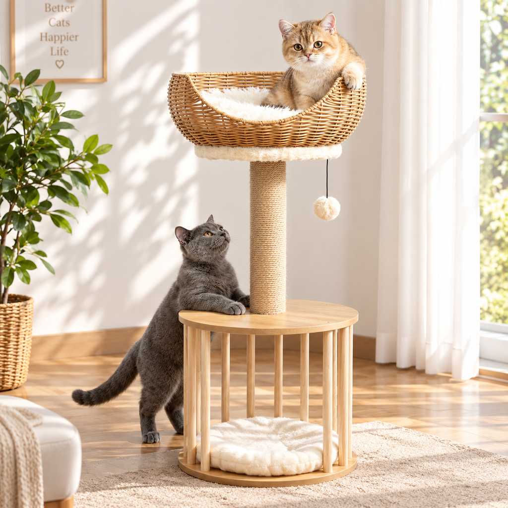 EcoPawPaw Natural Wood Cat Tree with Rattan Nest – 76 cm