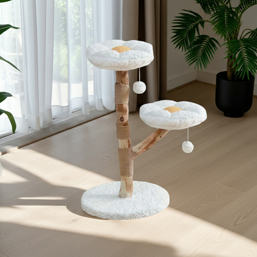Wooden flower-perch cat tree beside a sunny window