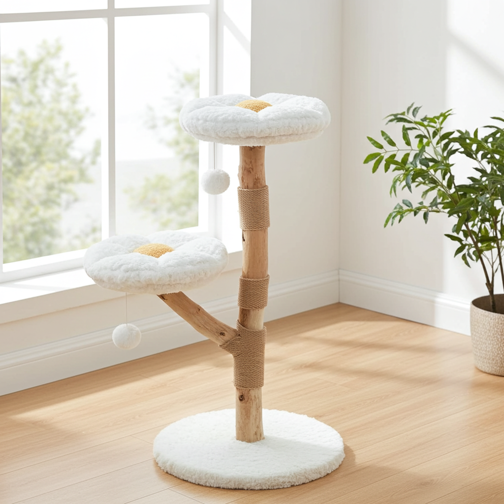 Wooden cat tree with two flower perches beside a window