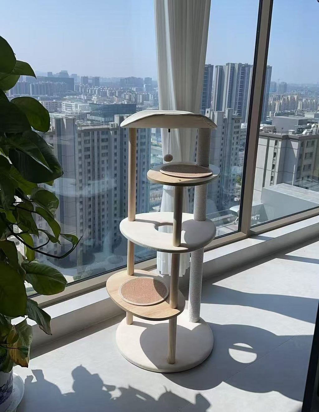 EcoPawPaw 124.5cm Japanese Minimalist Wooden Cat Tree – Modern Japandi Cat Tower with Scratching Post, Washable Pads & Perches