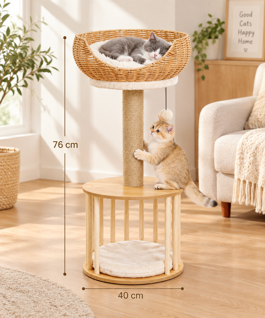 EcoPawPaw Natural Wood Cat Tree with Rattan Nest – 76 cm