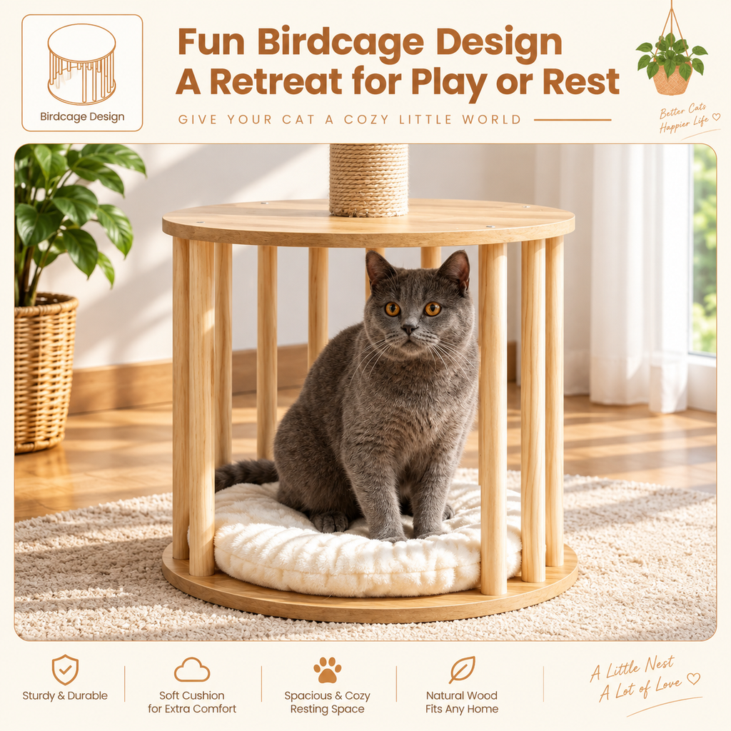 EcoPawPaw Natural Wood Cat Tree with Rattan Nest – 76 cm
