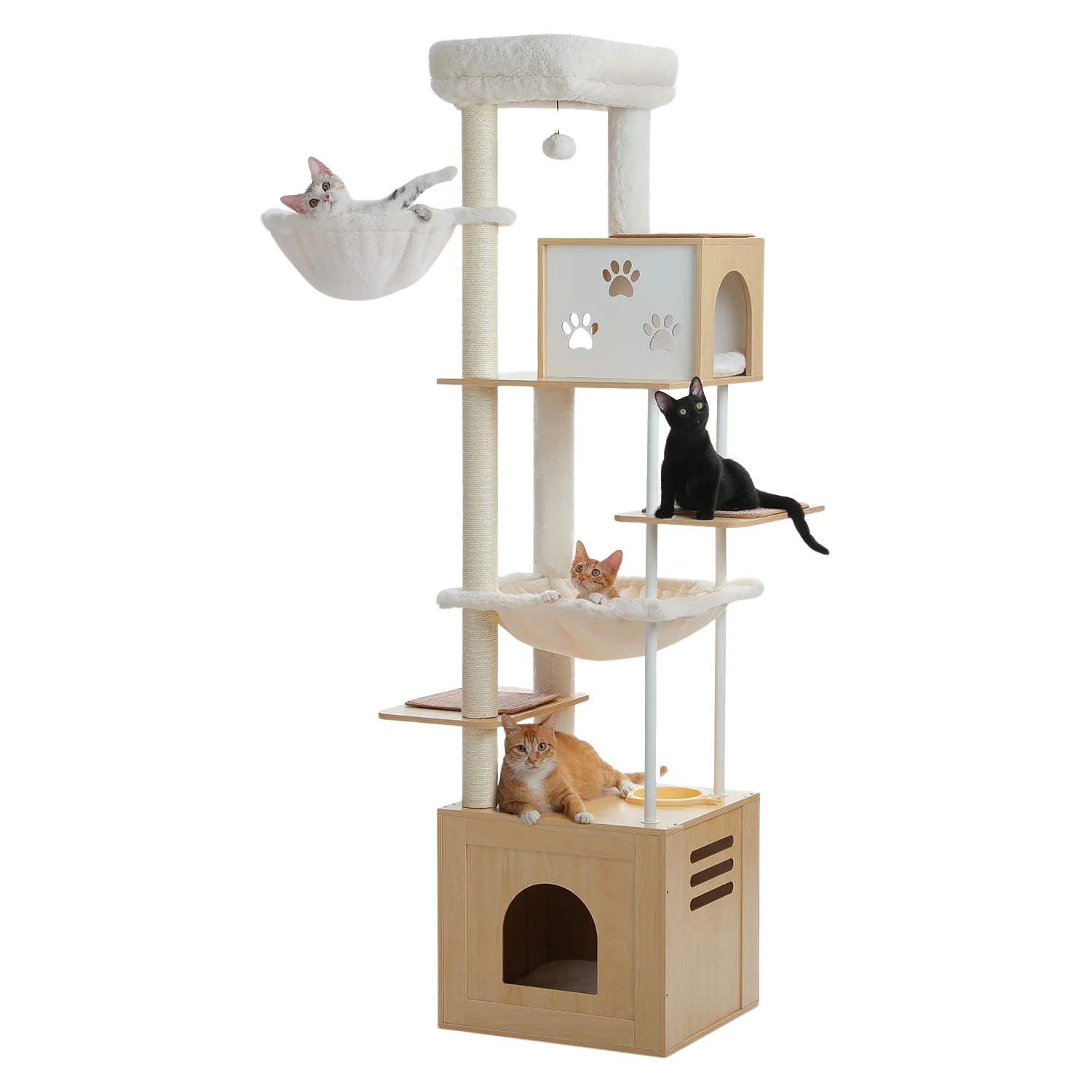 Cats on a tall wooden cat tree with hammocks, condos and a feeding bowl