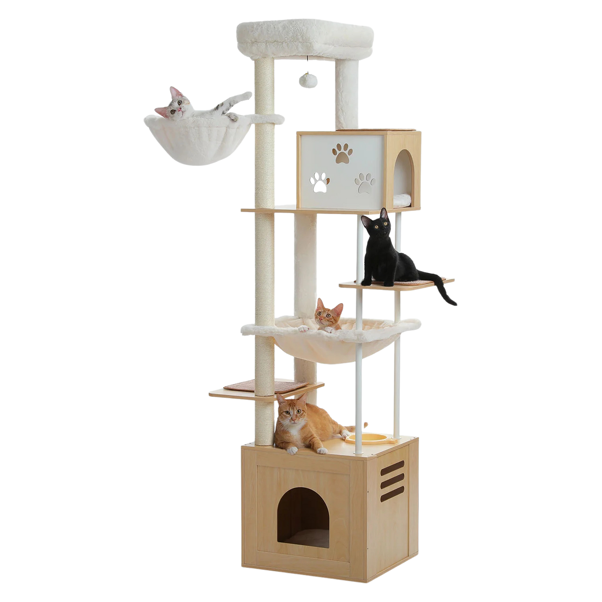 Cats on a tall wooden cat tree with hammocks, condos and a feeding bowl
