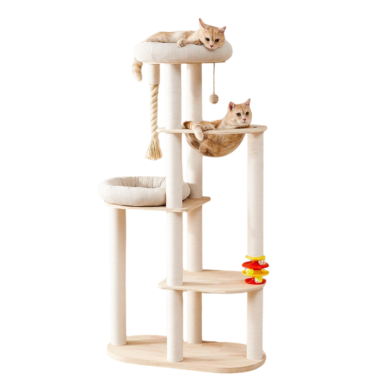 Natural Solid Oak Cat Tree – Modern Z-Shaped Wooden Cat Tower with Hammock & Scratching Posts (154 cm Tall)
