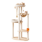 Natural Solid Oak Cat Tree – Modern Z-Shaped Wooden Cat Tower with Hammock & Scratching Posts (154 cm Tall)