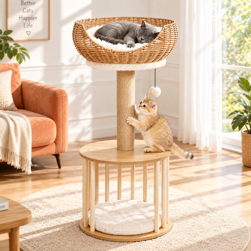 EcoPawPaw Natural Wood Cat Tree with Rattan Nest – 76 cm